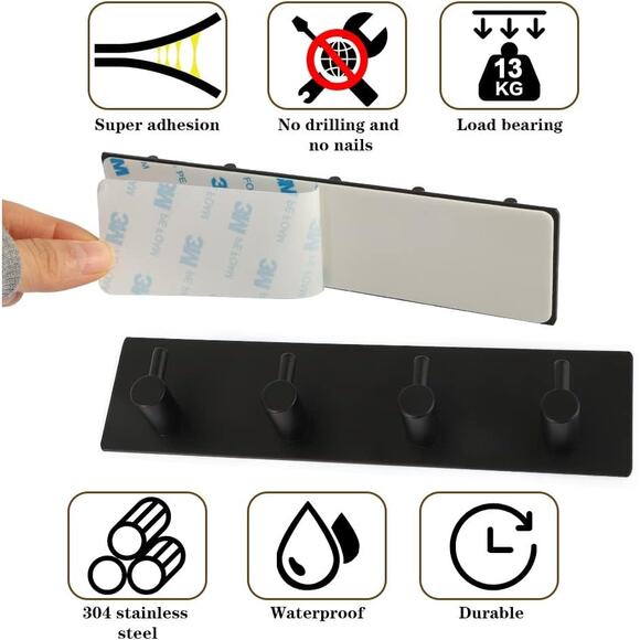 Adhesive Stainless Steel Key Hooks Towel Hook Coat Hanger Four Rows Black 1PCS - Picture 5 of 5